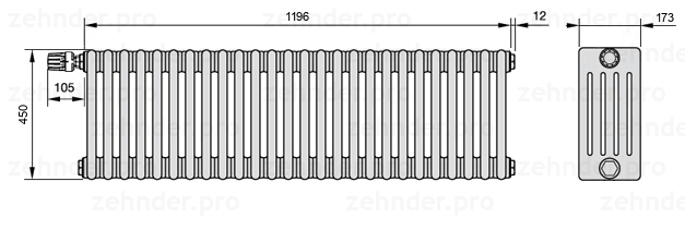 Схема (чертеж) Радиатор Zehnder Charleston 5045/26 №V012 Белый глянцевый RAL 9016